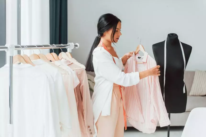 Conception of fashion. Seamstress is in her office that is with different clothes