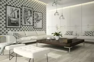 Interior of living room with stylish wallpaper 3D rendering 5