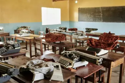 Classroom with typewriters in a poor African school