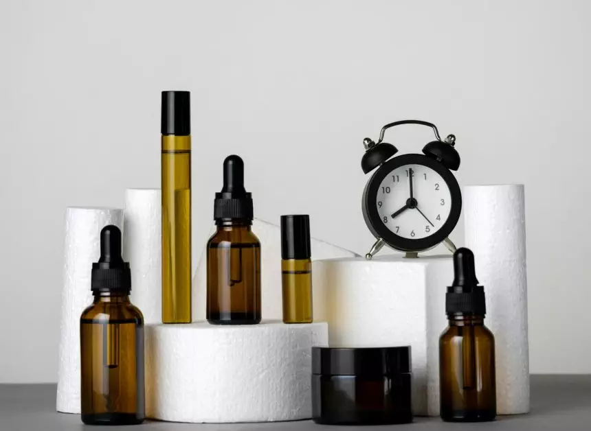 Cosmetic products and clock, morning and evening skin and body care concept