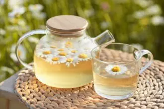 Close-up glass teapot with a mug of aromatic chamomile tea on nature background